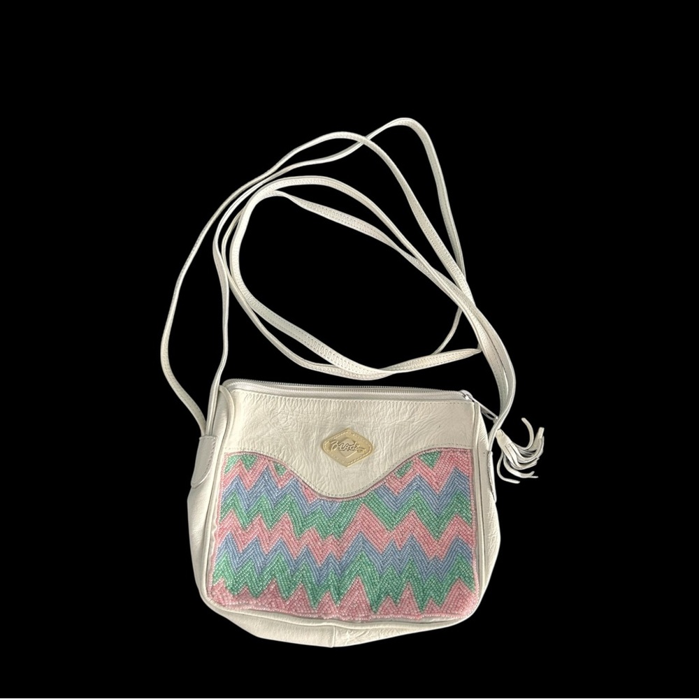 VTG Beadz Leather Shoulder Bag Purse White Pastel Colored Beads Zigzag READ